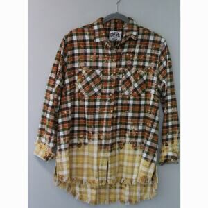 One24 Rags Orange Distressed Women's Plaid Flannel Button Up w/ Raw Hem M